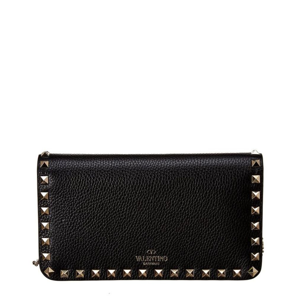 Valentino Rockstud Grainy Leather Wallet On Chain, Black - Picture 2 of 4